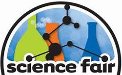 Illustration of three chemistry beakers inside a half circle with the words science fair at the bottom.